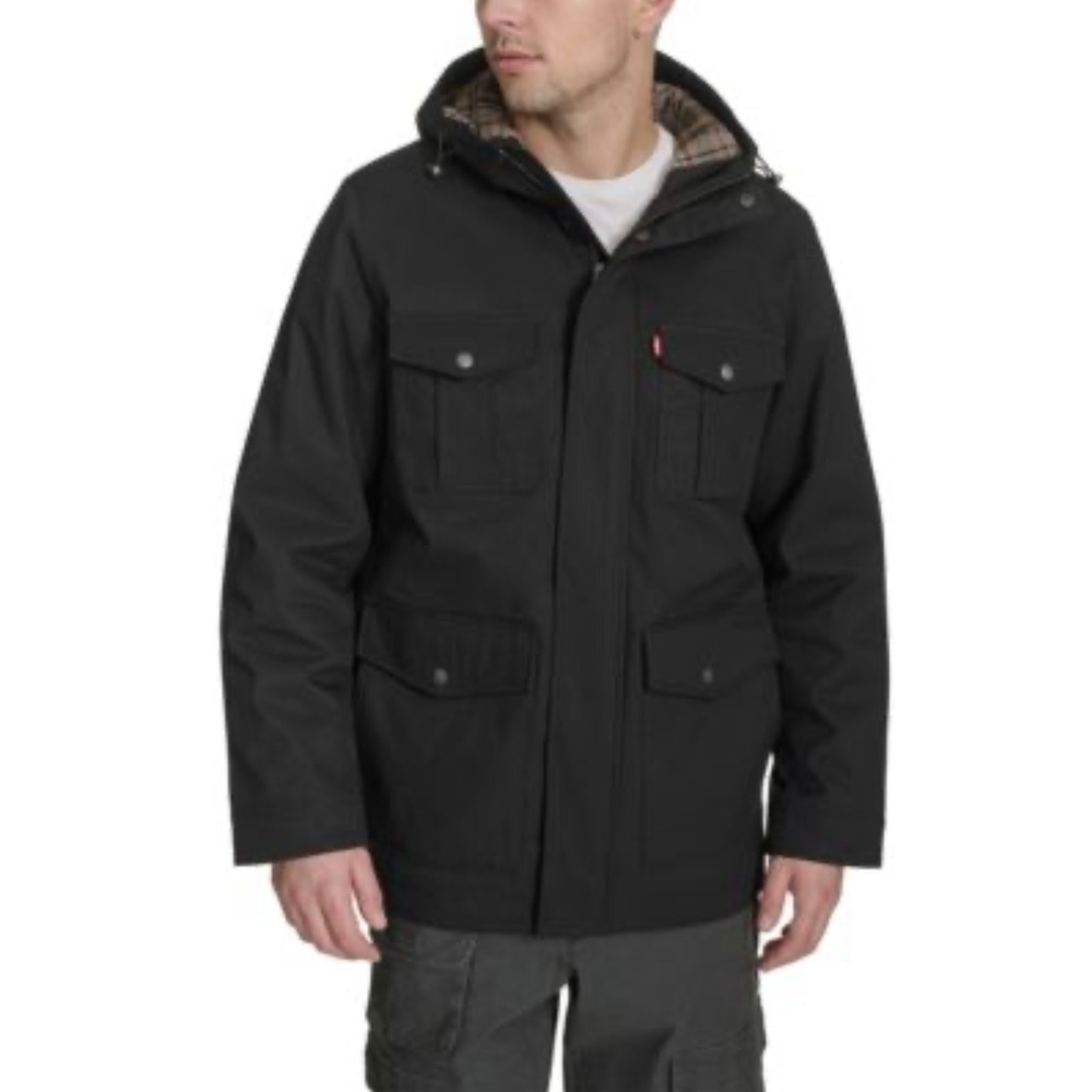 Levis Mens Black Hooded Field Parka Jacket Quilted Lined RN Sz L